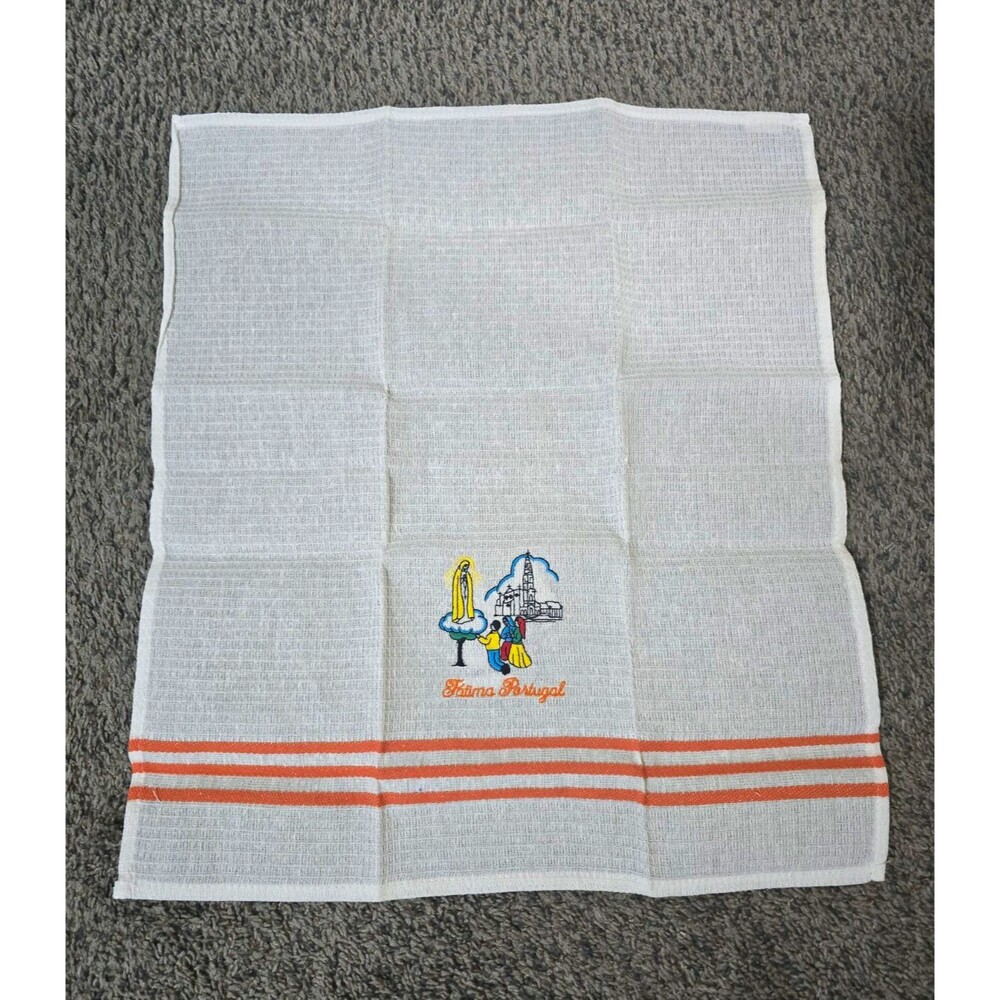 Vintage Embroidered Cotton Waffle Weave Tea Towel Fatima Portugal Virgin Mary